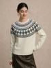 Women's Retro Fair Isle Color Block Merino Wool Sweater - Round Neck Raglan Sleeve Pullover