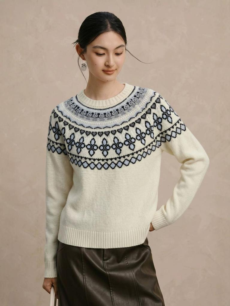 Women's Retro Fair Isle Color Block Merino Wool Sweater - Round Neck Raglan Sleeve Pullover