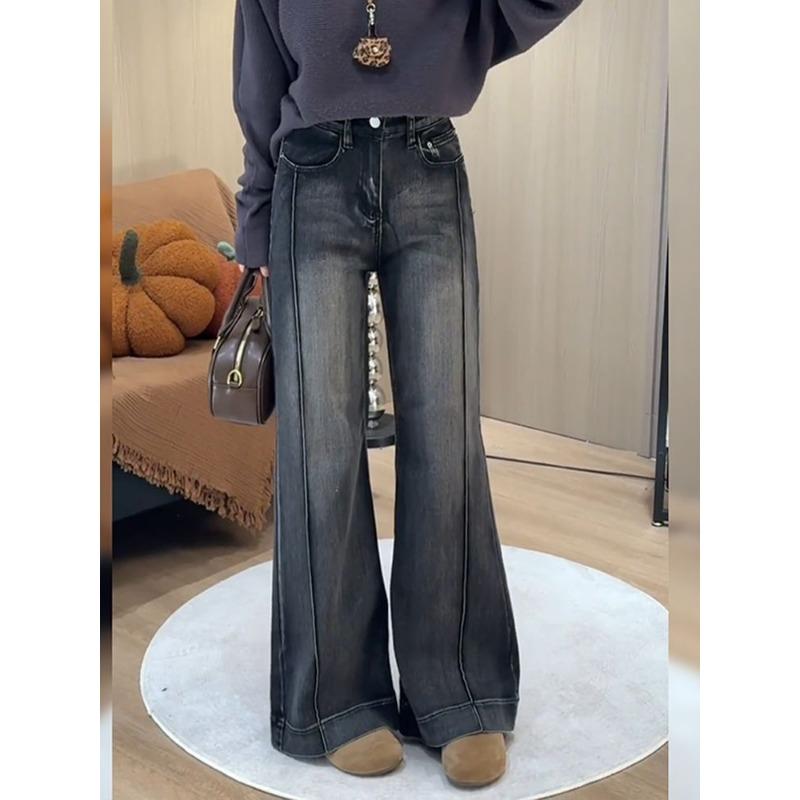 

Women s Vintage Washed High Waist Flare Jeans Contrast Stitch Wide Leg Baggy Denim Pants Streetwear Trousers M чёрный