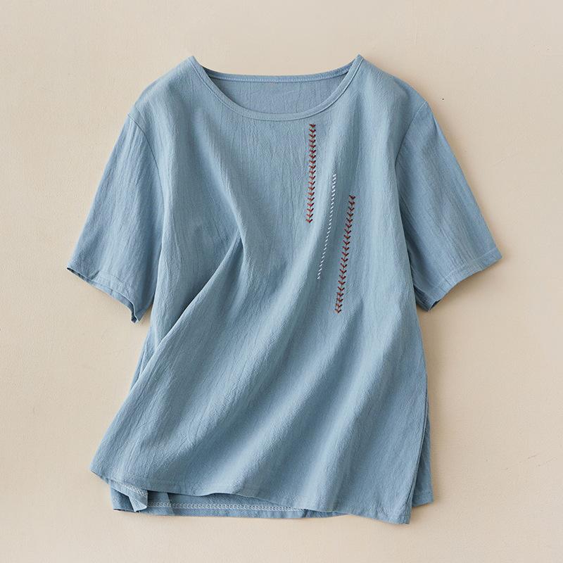 Women's Summer Loose-Fit Literary Vintage Short-Sleeve Top Embroidered Crew Neck Pullover T-Shirt