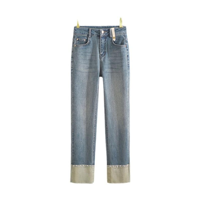 Women's High Waist Slimming Rolled Hem Denim Cigarette Pants - 2024 Autumn Fashion Straight Leg Crop
