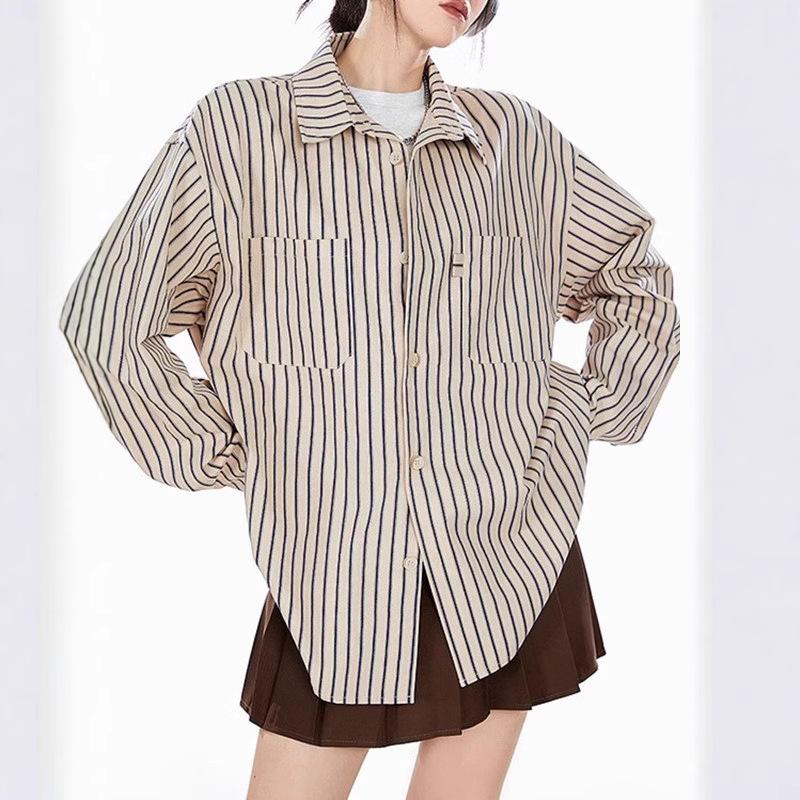 American Retro Striped Turn-Down Collar Shirt Jacket, Spring 2025 Collection, Casual Loose Long Sleeve Top.