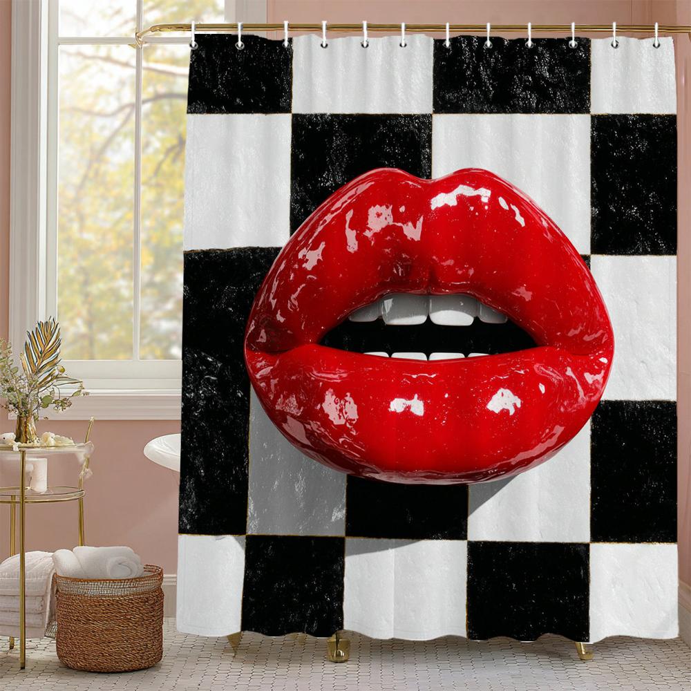 Modernes Schwarz-Weiß-Muster, Sexy Rote Lippen Duschvorhang Für Badezimmer Romantische Dekorative Duschvorhänge Mit Haken