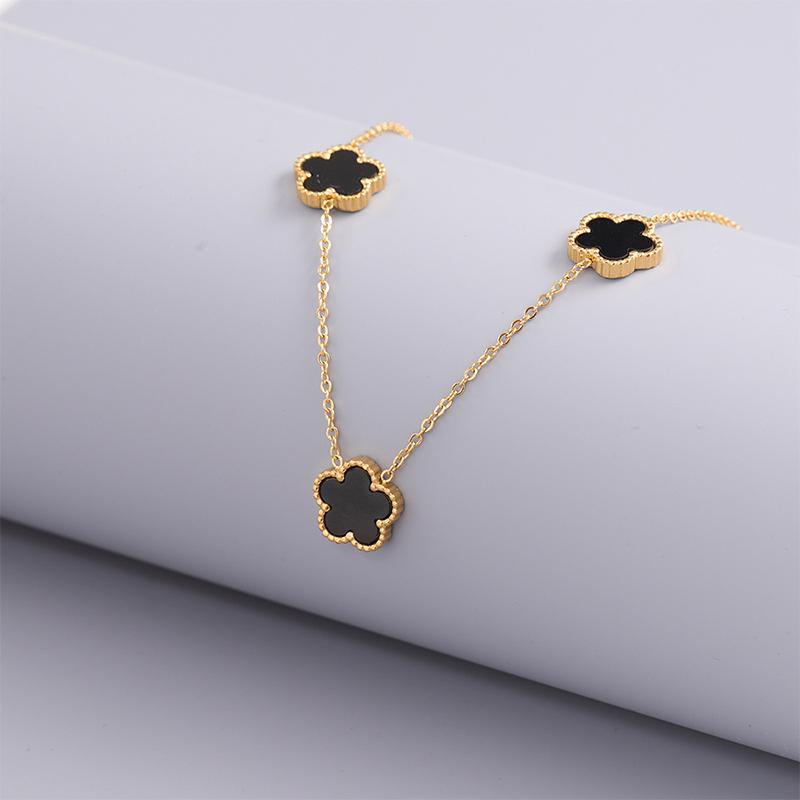 Collier en Acier Inoxydable Plaqué Or 14K Femme Cinq Pétales de Feuille Colliers Double Face pour Femmes Pendentif Fleur Trèfle Bijoux