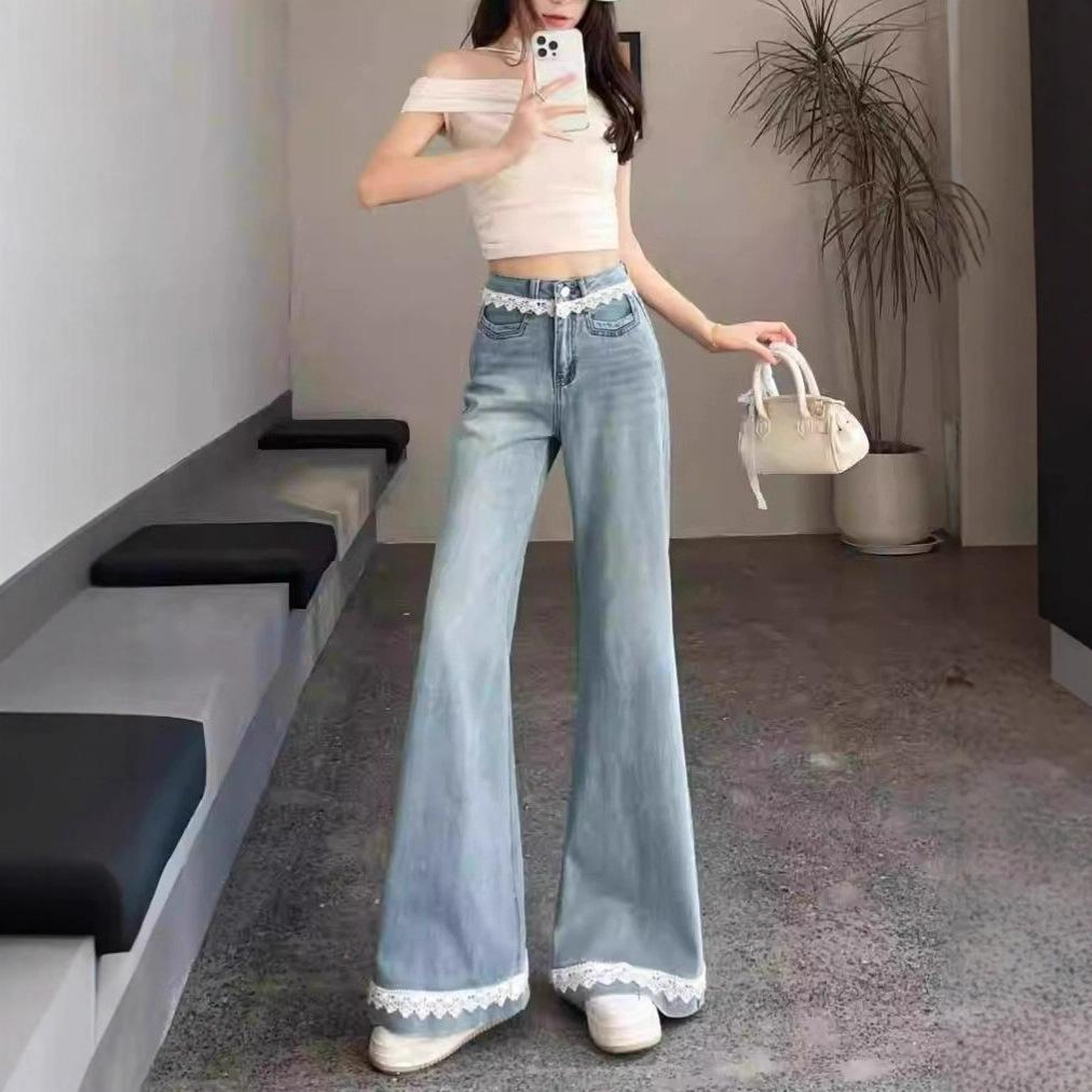 Shallow Lace Floral Lace Jeans Women Spring Large Size Apparently Skinny High Waisted Loose Micro Flared Trousers Jeans for Women Long Denim Pants