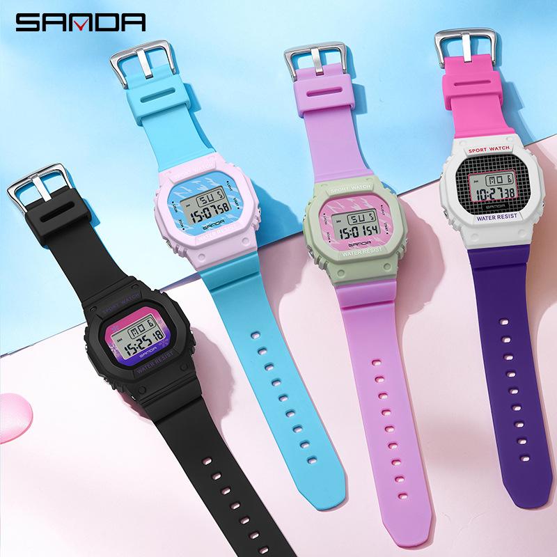 SANDA Square Electronic Watch Colourful Creative Personality Candy Colour Waterproof Alarm Clock Electronic Watch