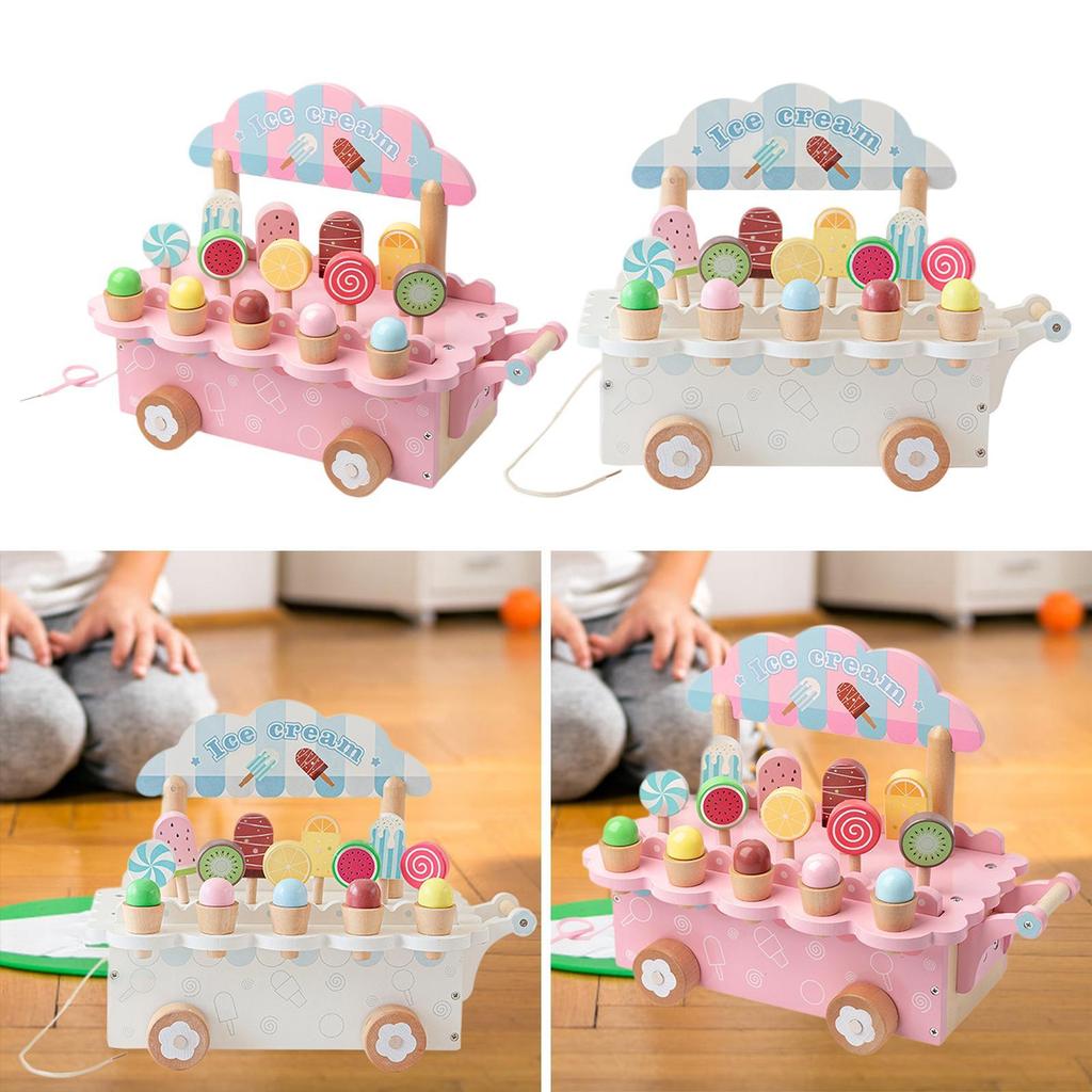 Wooden Ice Cream Cart Playset with Food Accessories for Kids Aged 3-8