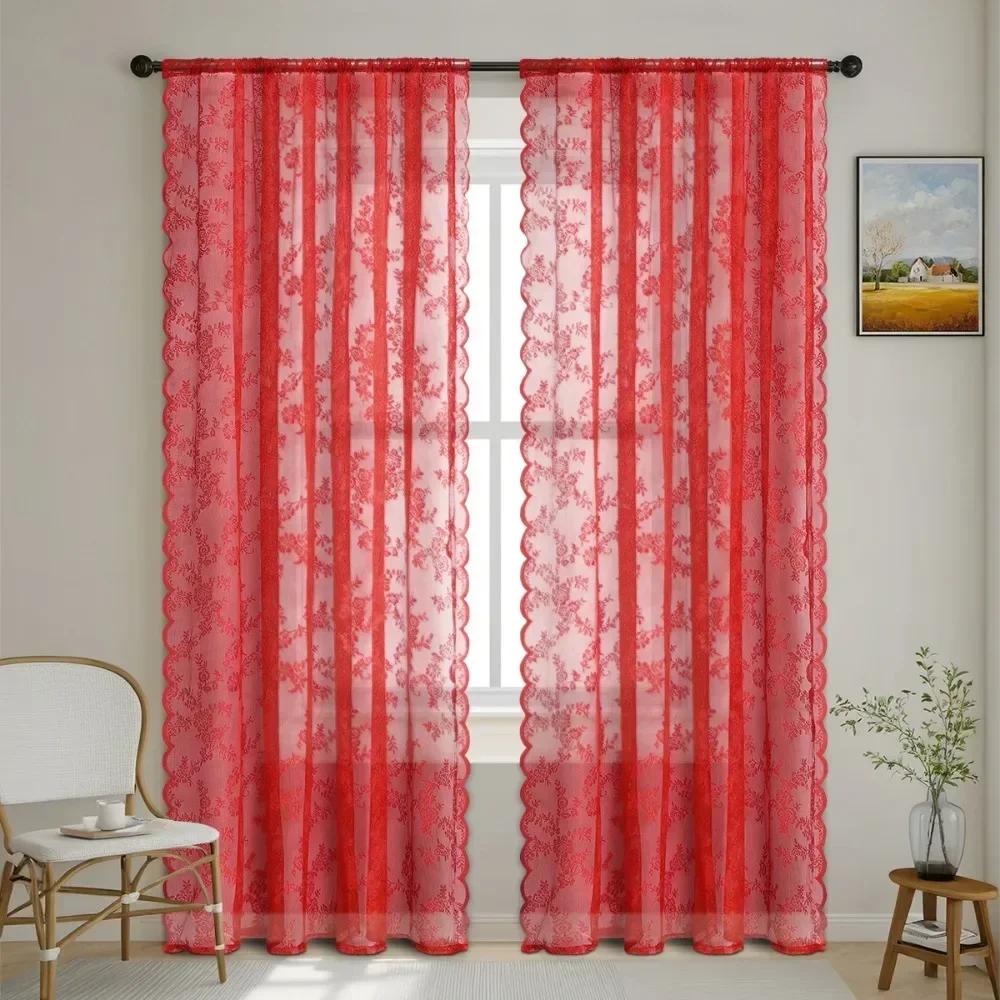 

1 Panel Sheer Lace Curtains for Living Room Window Voile Tulle Drapery Window Screening Home Living Room Bedroom Wedding Decor W75cm x L100cm красный