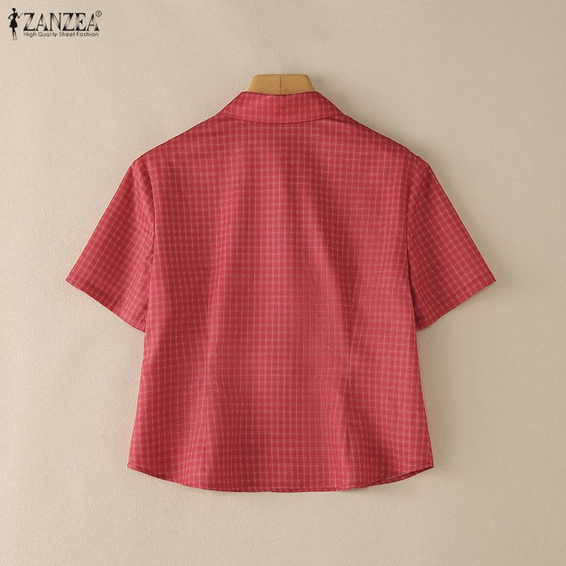 ZANZEA Women Casual Turn Down Collar Short Sleeve Grid Print Blouse