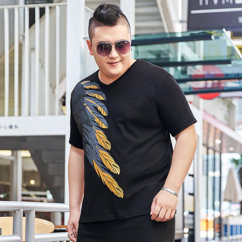 200 Pounds Men's Plus Size Plus Size Printed Short-sleeved T-shirt Fat Guy Melon Seed Collar Thin Section T-shirt Youth Bottoming Shirt Summer