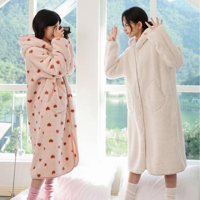 Coral Fleece Home Nightgown Autumn and Winter New Thickened Warm Hooded Loose Pajamas Women's Button Cardigan Bathrobe