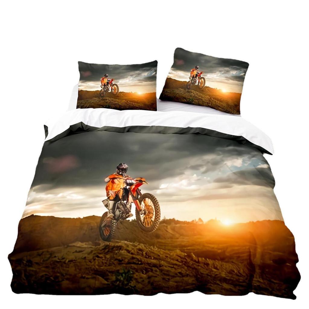 3D Digital Printing Three-Piece Set, Motorcycle Quilt Cover Bed Sheet Kit