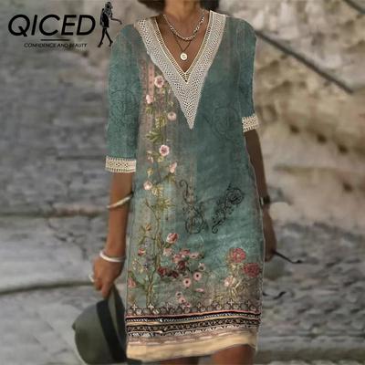Women's Trend Positioning Printed V-neck Five-sleeve Dress