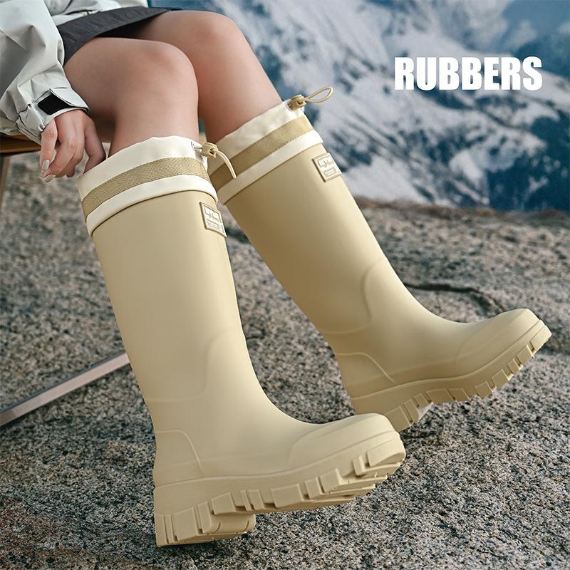 Korean rain shoes 2025 summer women's adult mid tube waterproof shoes women's drawstring elastic four season rubber shoes