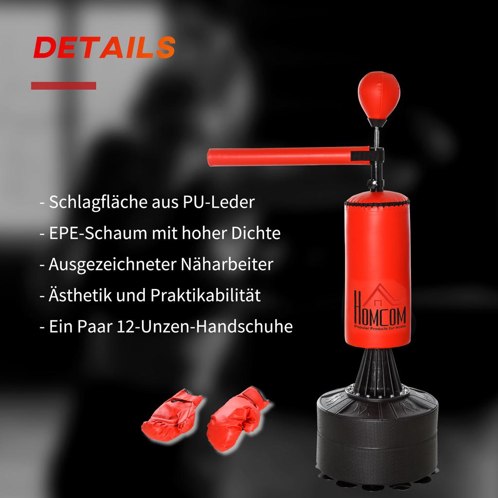155-205 cm 3v1 Samostatný stojan na boxovací pytel, Boxerský rychlostní trenér s otočným flexibilním ramenem, Rychlostní míč, Plnitelná základna, Červený
