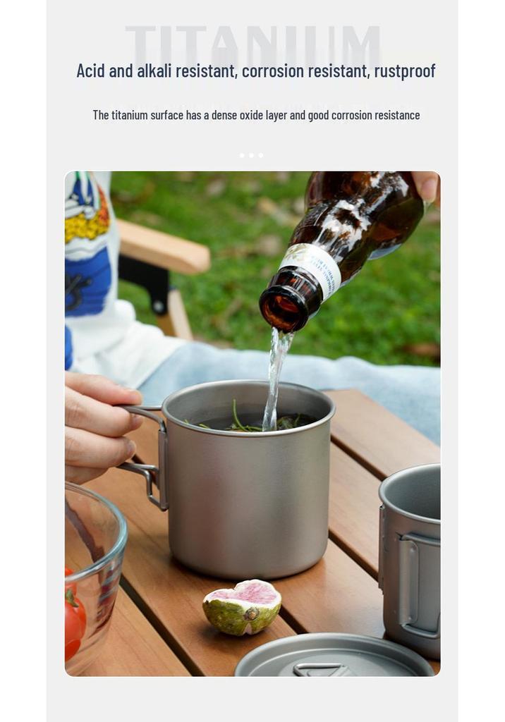 TA1 Titanium Outdoor Mug with Folding Handle - Portable Single-Layer Water, Coffee, and Tea Cup for Camping and Picnics