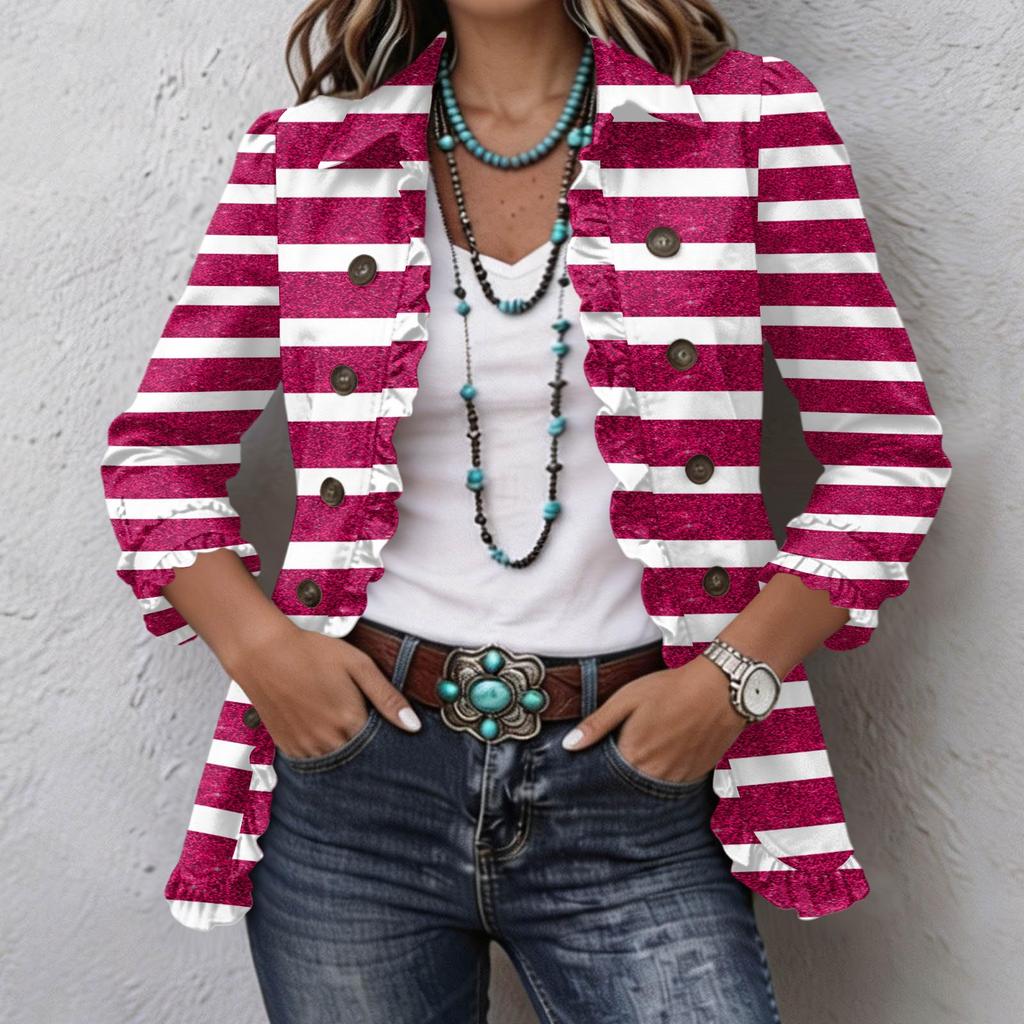 Women's Striped Print Long Sleeve Ruffle Button Front Shirt Jacket for Casual Wear
