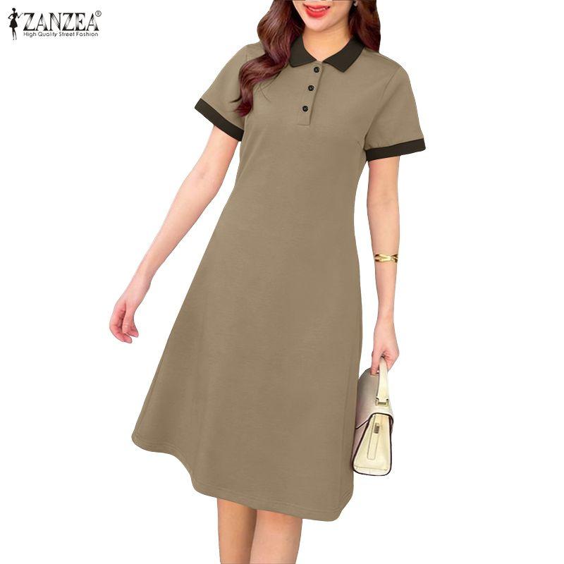 ZANZEA Women Casual Turn Down Collar Summer Short Sleeve Polo Dress