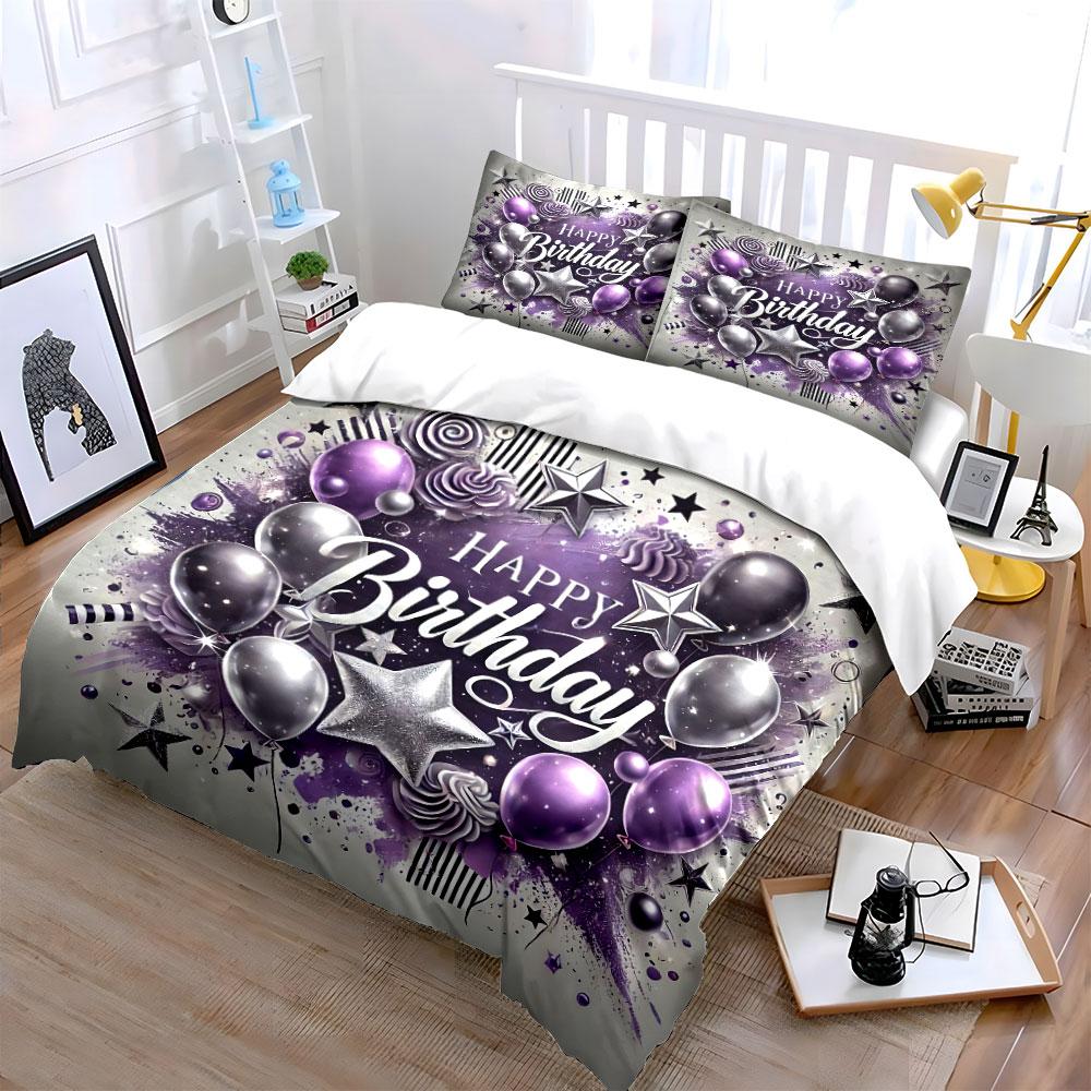 Purple Silver Birthday Design Bedding Duvet Cover Set Duvet Cover Pillowcases  (1*Duvet Cover 2*Pillowcases, Without Duvet Insert)