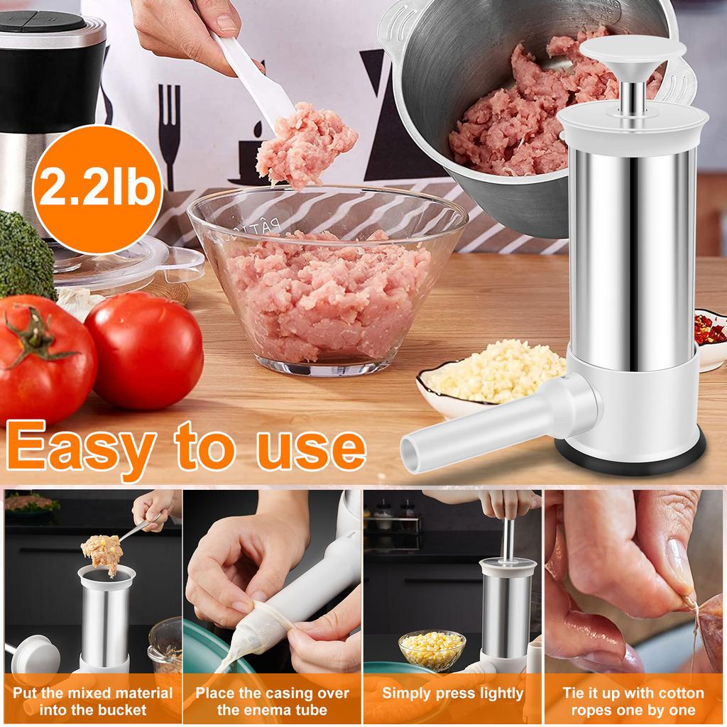 Manual Sausage Stuffer 2.2 LBS Stainless Steel Vertical Sausage Maker Machine with 4 Filling Tubes Meat Stuffing Filler Machine