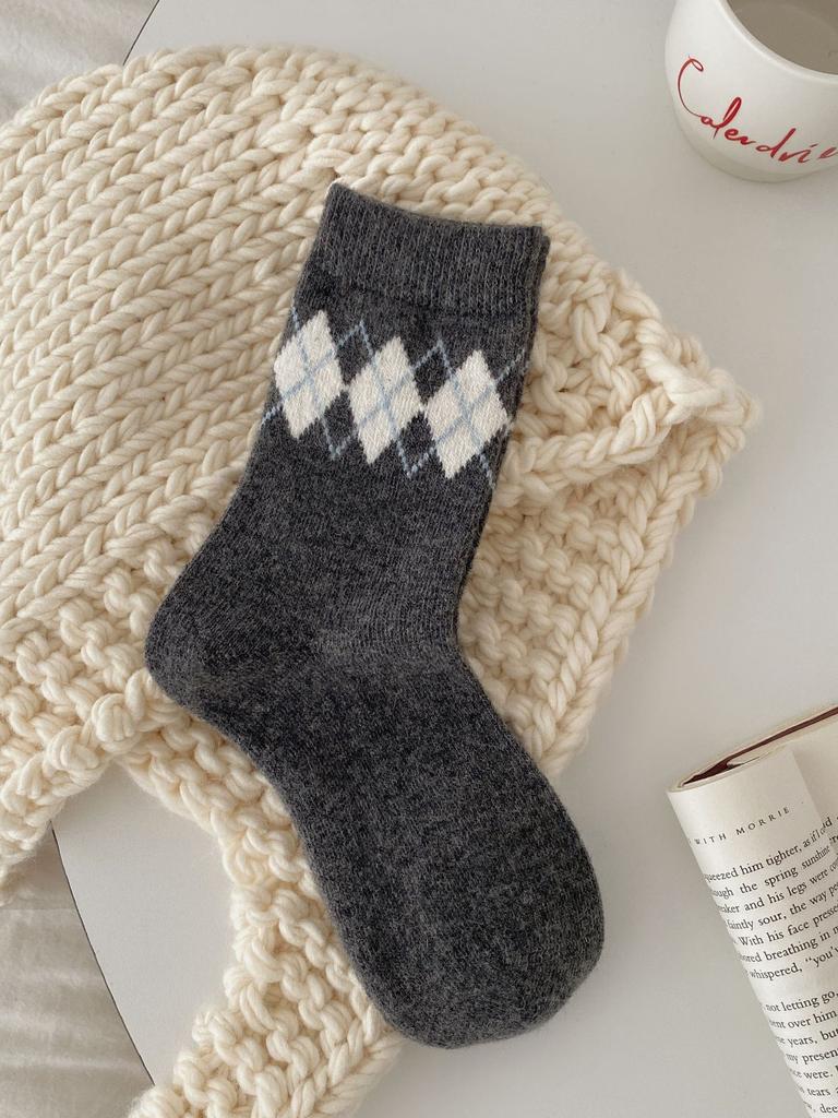 Thickened Warm Gray Bow Wool Socks Socks Korean Striped Egg Cloth Label Boneless Socks