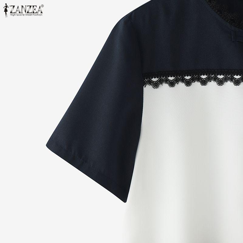 ZANZEA Women Casual Round Neck Short Sleeve Loose Patchwork Blouse