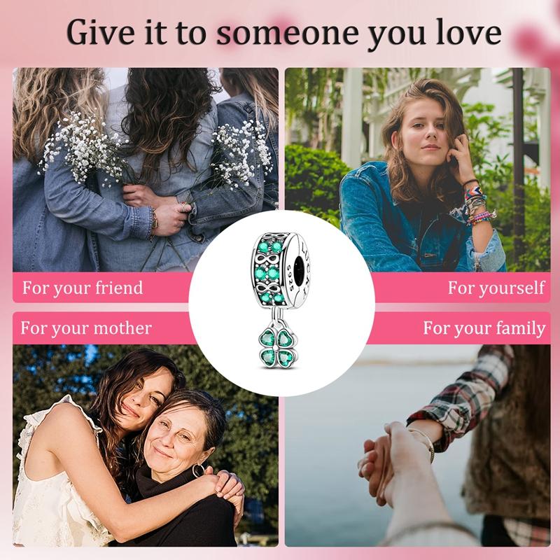Original 925 Sterling Silver Charms Bead Green Four-Leaf Clover Infinite Clip Fit Original Bracelet For Women DIY Jewelry