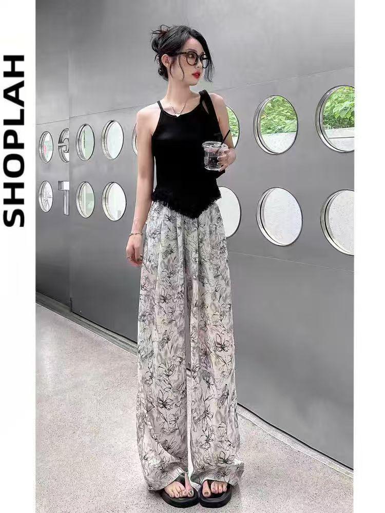 Casual High-Waist Ice Silk Ink Painting Tie-Dye Trousers