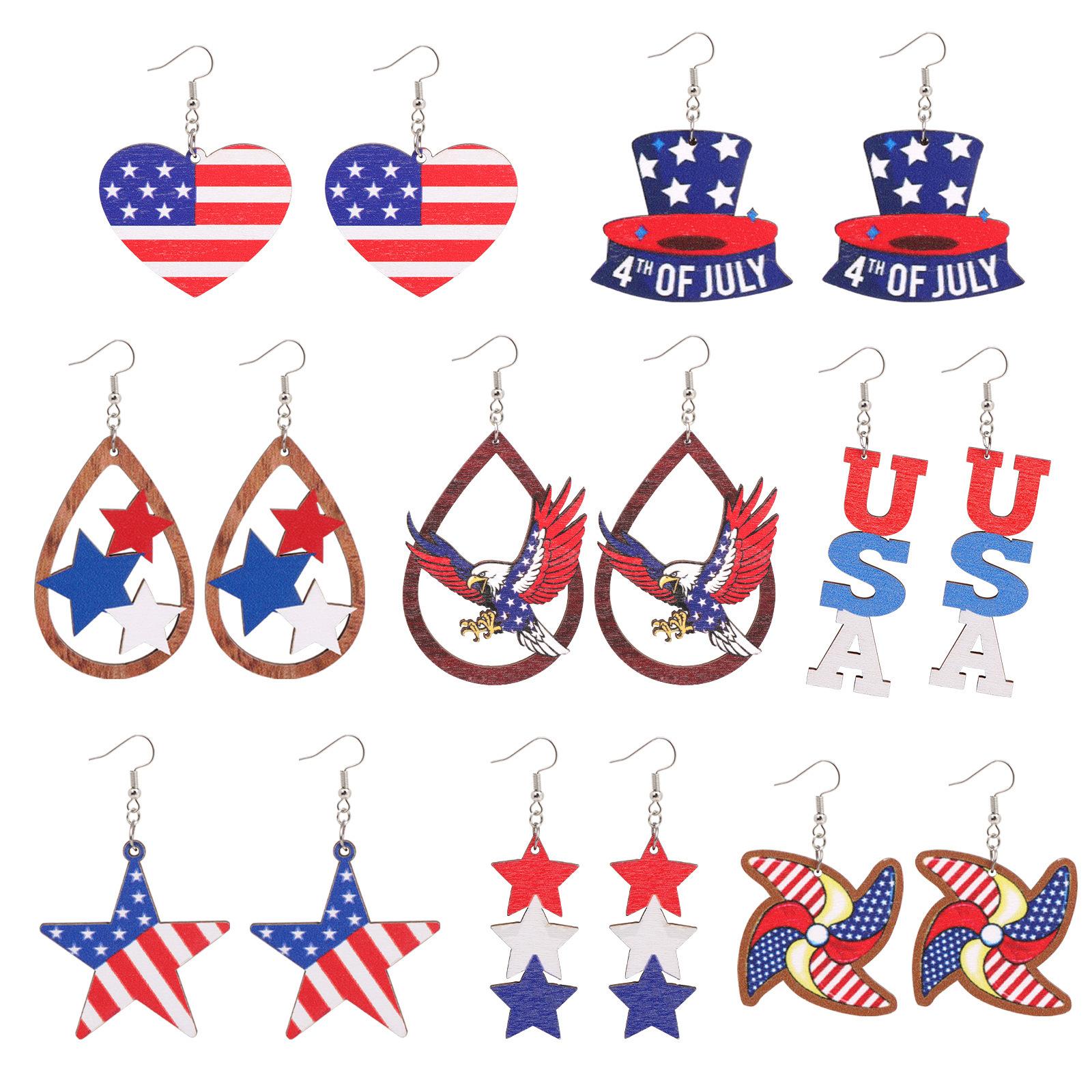 New Independence Day Flag Personalized Earrings Combination Set Printed Wooden Earrings