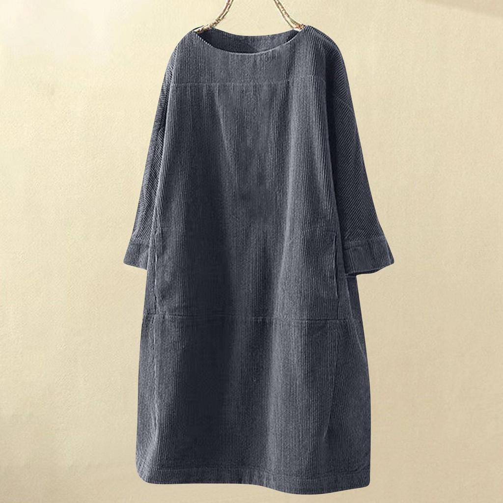 Women's Fashionable Plus Size Round Neck Long Sleeved Solid Color Corduroy Retro Loose Dress