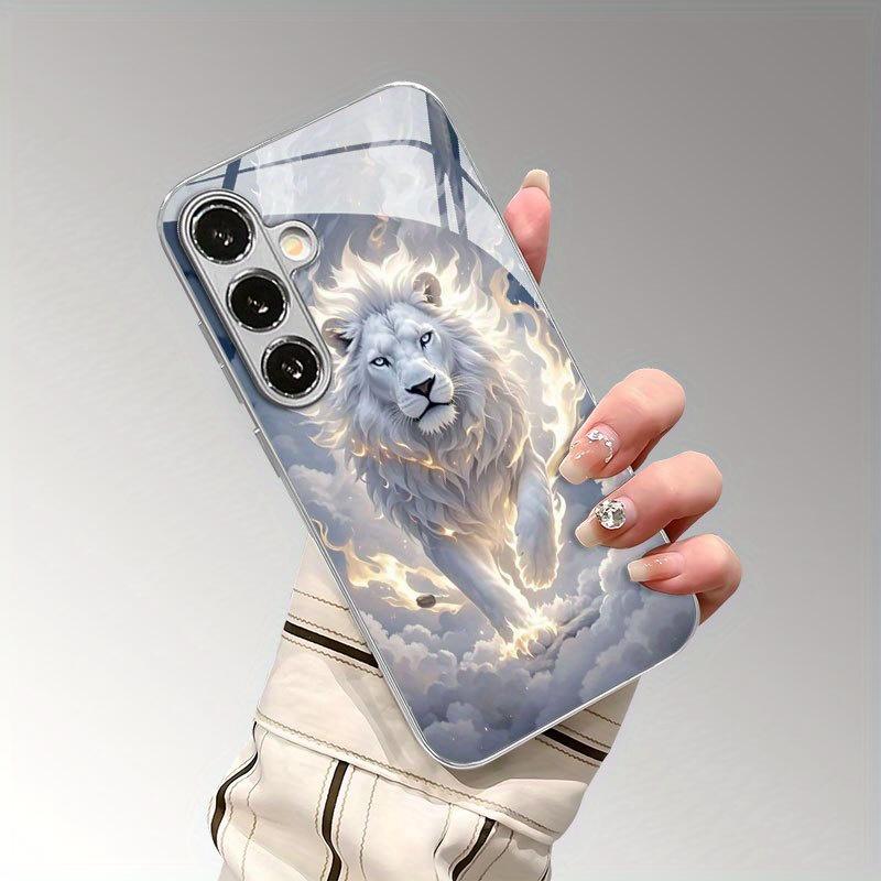 Fashionable white lion design glass phone case suitable for Samsung Galaxy S26 S25 S24 S23 S22 S21 S20FE/Ultra/Plus anti scratch