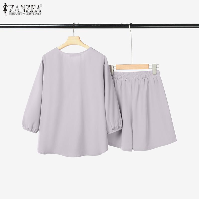 ZANZEA Women 3/4 Sleeve Blouse and Shorts Summer Two Piece Suit Sets