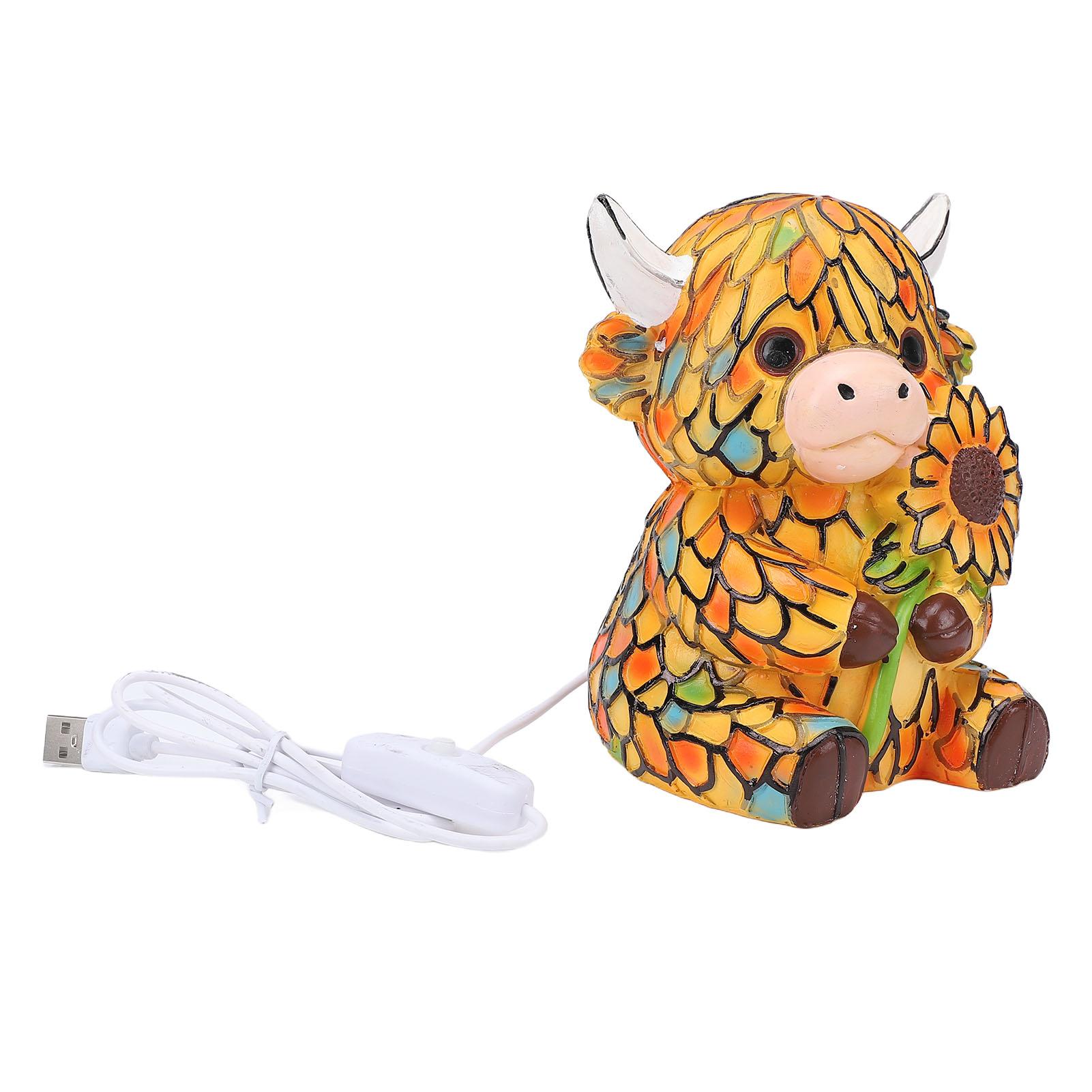 

Cattle Shaped Lamp Retro Stained Resin Tabletop Night Light LED 3D Cute Animal Shaped with Sunflower Decor