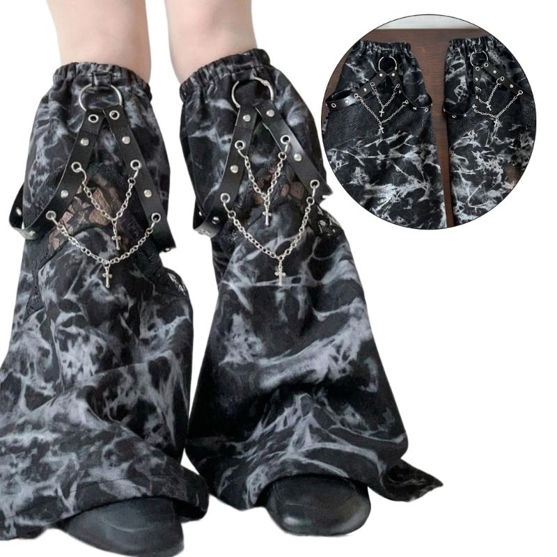 Damen Subkulturen Punk Netz-Spleißung Tie-Dye Beinwärmer Ösen PU-Riemen Kette Ausgestellte Baggy Fußabdeckungen Lange Socken
