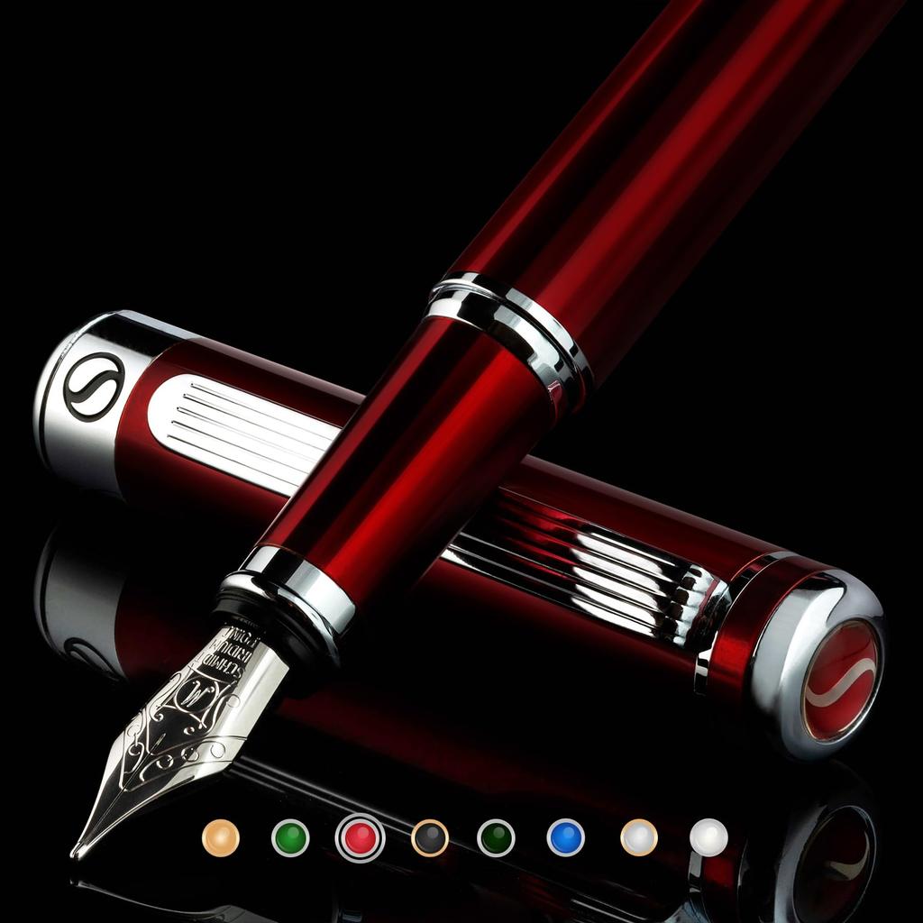 Scriveiner Premium Fountain Pen with a Stunning Chrome Finish and Schmidt Medium Perfect for Men and and the Elegant Fountain Pen Gift Medium (Red)
