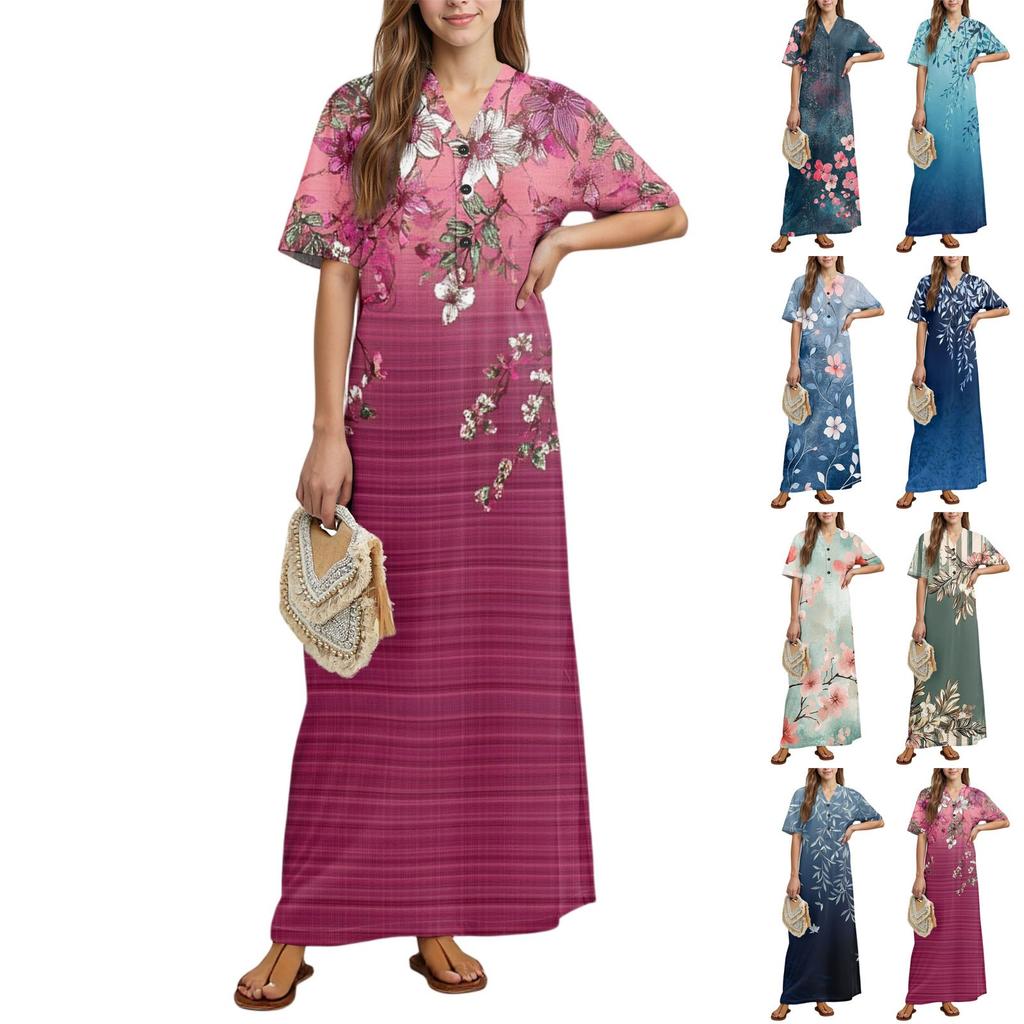 Women's Fashion Printed Nightgown Home Clothes Short Sleeve Nightgown With Pockets Long Dress