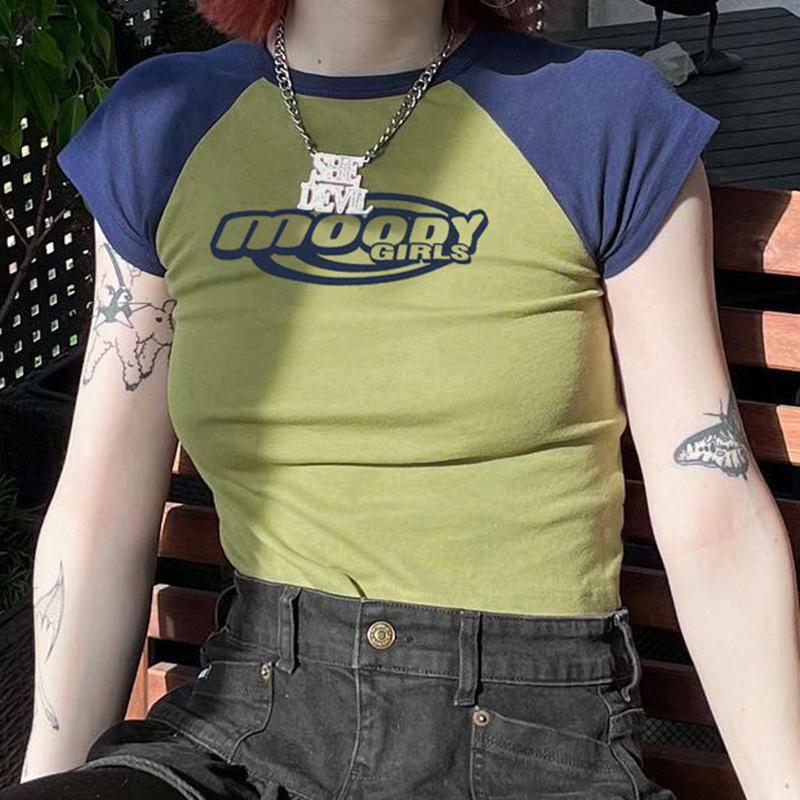 

Укороченный топ с буквенным принтом Harajuku, приталенная повседневная базовая футболка, уличная милая футболка с короткими рукавами Y2K, пуловер M зелёный