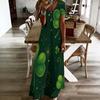 Women Plus Size V Neck Short Sleeve Clover Printed Dark Green Long Straight Dress