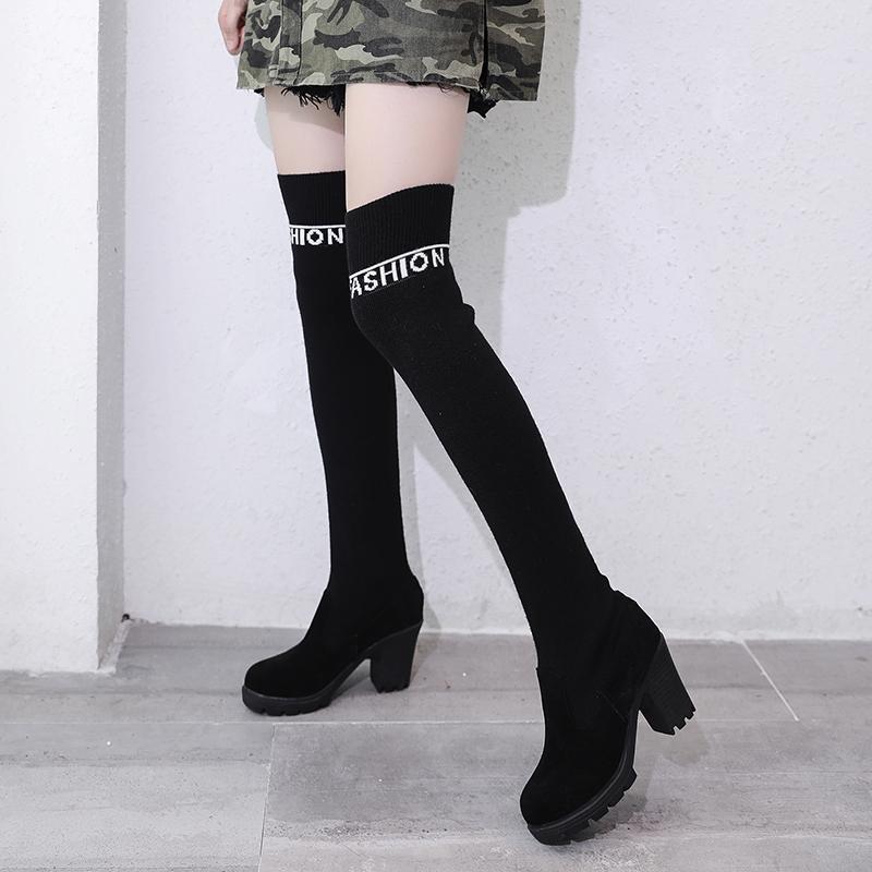 Mode 2024 Neue Schwarze Damen-Sockenstiefel Damen Winter Absatzschuhe Über dem Knie Oberschenkelhohe Stiefel Weiblich Frau Outdoor-Stiefel