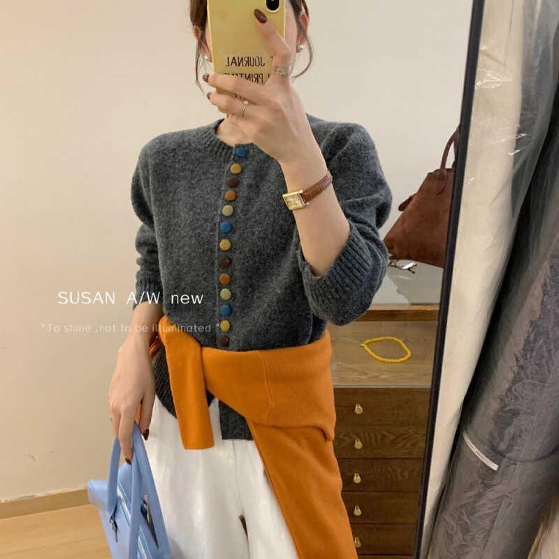 Women's Loose Lazy Colorful Button Round Neck Sweater Coat Autumn Winter Knitted Cardigan Versatile Top