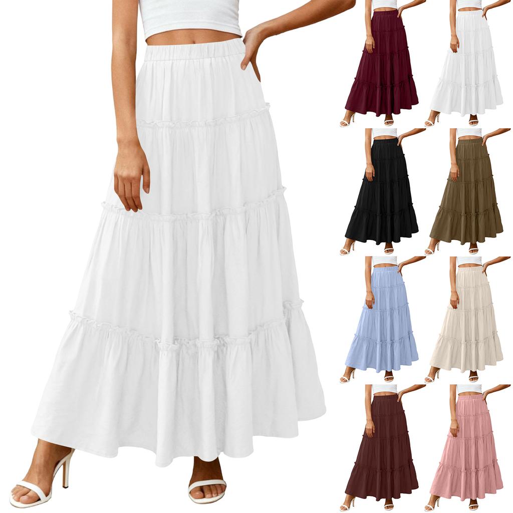 Women's Color Cotton Linen Elastic Waist Loose Close-fitting Long Skirt