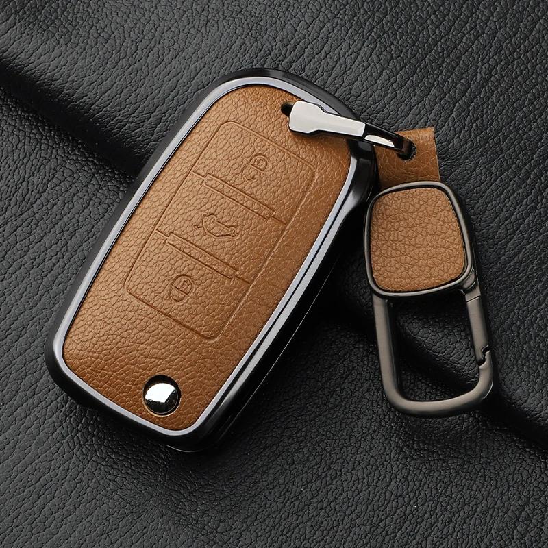 Metal And Leather 3 Button Car Key Case Cove For Vw Volkswagen Beetle Caddy Eos Golf Jetta Polo Scirocco Tiguan Touran Up