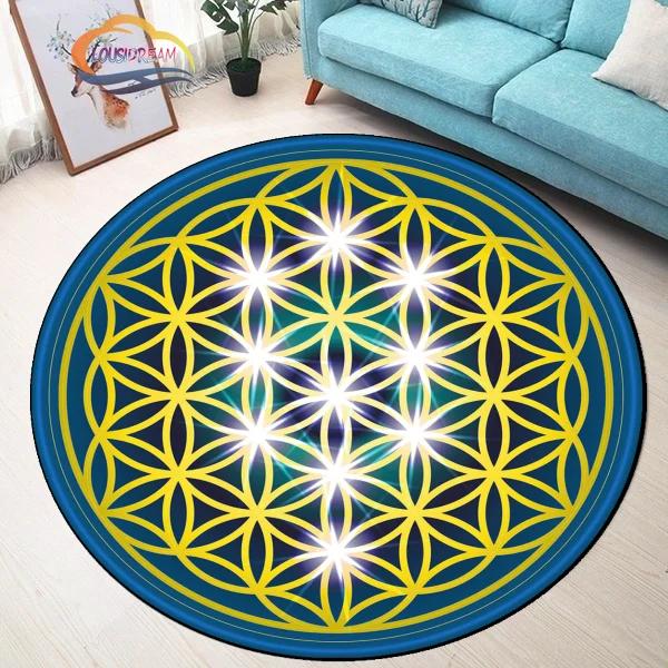 Sacred Planet Geometrie Flower of Life Kulaté koberce Podložka na jógu Polštář Obývací pokoj Ložnice Koberec pro pracovnu Potisk Protiskluzová židle