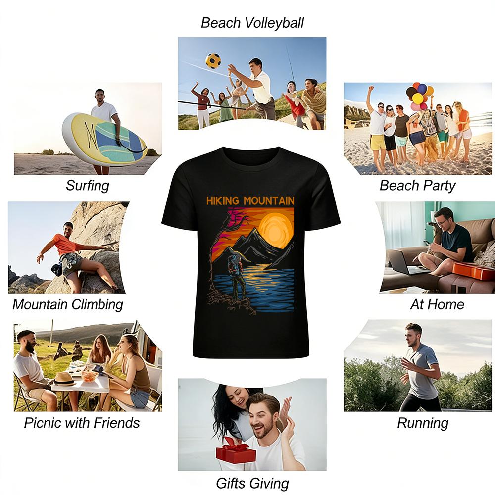 Hiking Mountain Print Casual T-Shirt Outdoor Hiking Themed Top For Men Women Pure Cotton T-shirt