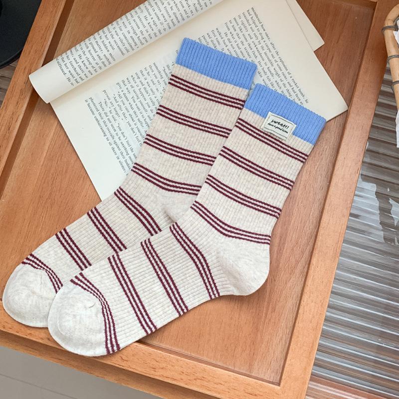 Women's Korean Style Striped Cotton Mid-Calf Socks – Colorful, Trendy & Breathable for Early Spring