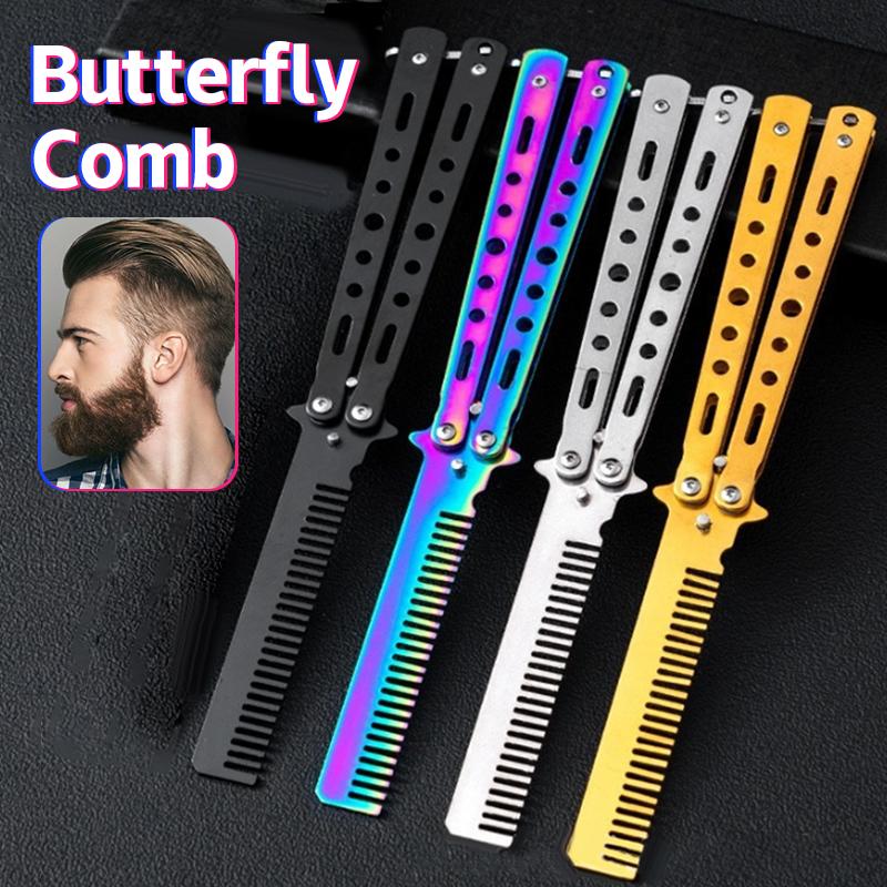 Foldable Practice Training Butterfly Comb Stainless Steel Beard Moustache Brushe Salon Hairdressing Styling Tool