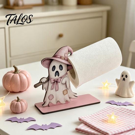 Decorative Paper Towel Rack Halloween Black Cat/Ghost Roll Holder, Wooden Vertical Stand, Stand Napkin Holder for Kitchen Table And Holiday