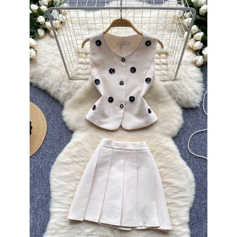 French Socialite Fancy Classic Style Three-Dimensional Flower Sleeveless Waistcoat Vest Pleated Skirt Summer Two-piece Set