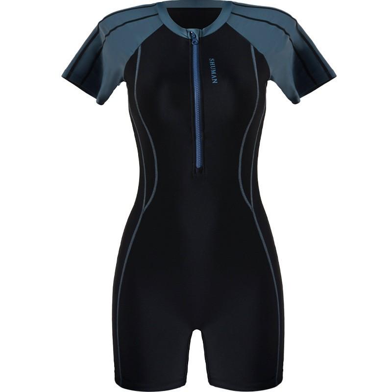 Sports One-piece Swimsuit Women's Short-sleeved Boxer Belly Cover Slimming Swimming Pool Hot Large-size Racing