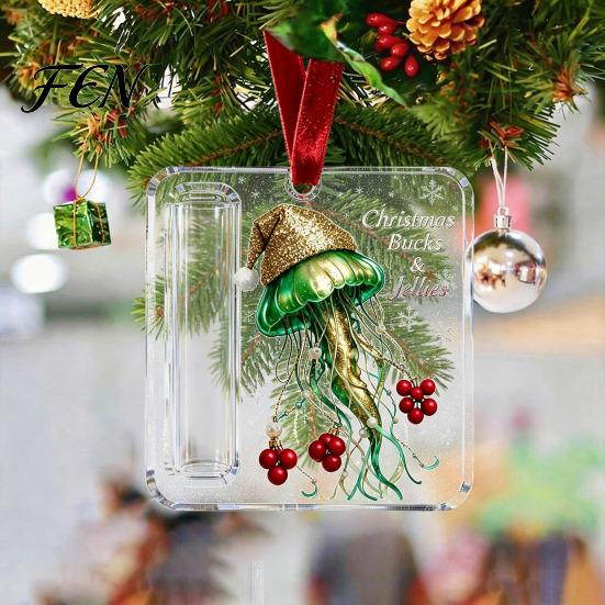 Christmas Decorative Cash Holder Acrylic Money Ornament, Xmas Holiday with Slot, Tree Hanging Gift Decoration Present Ornament